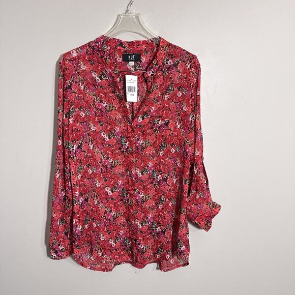 Kut from the Kloth Tops - KUT From The Kloth Red Floral Sheer Button Down Blouse M Roll Tab Sleeves NEW